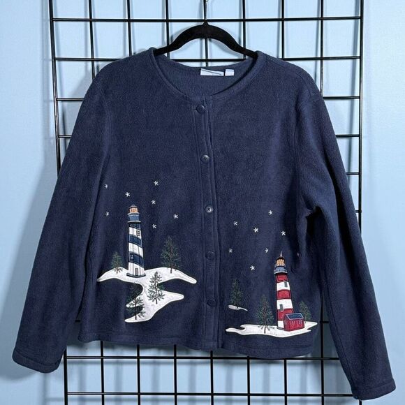 Vintage Fleece Button Front Sweater Womens M Blue Lighthouses Cottagecore - Picture 3 of 10